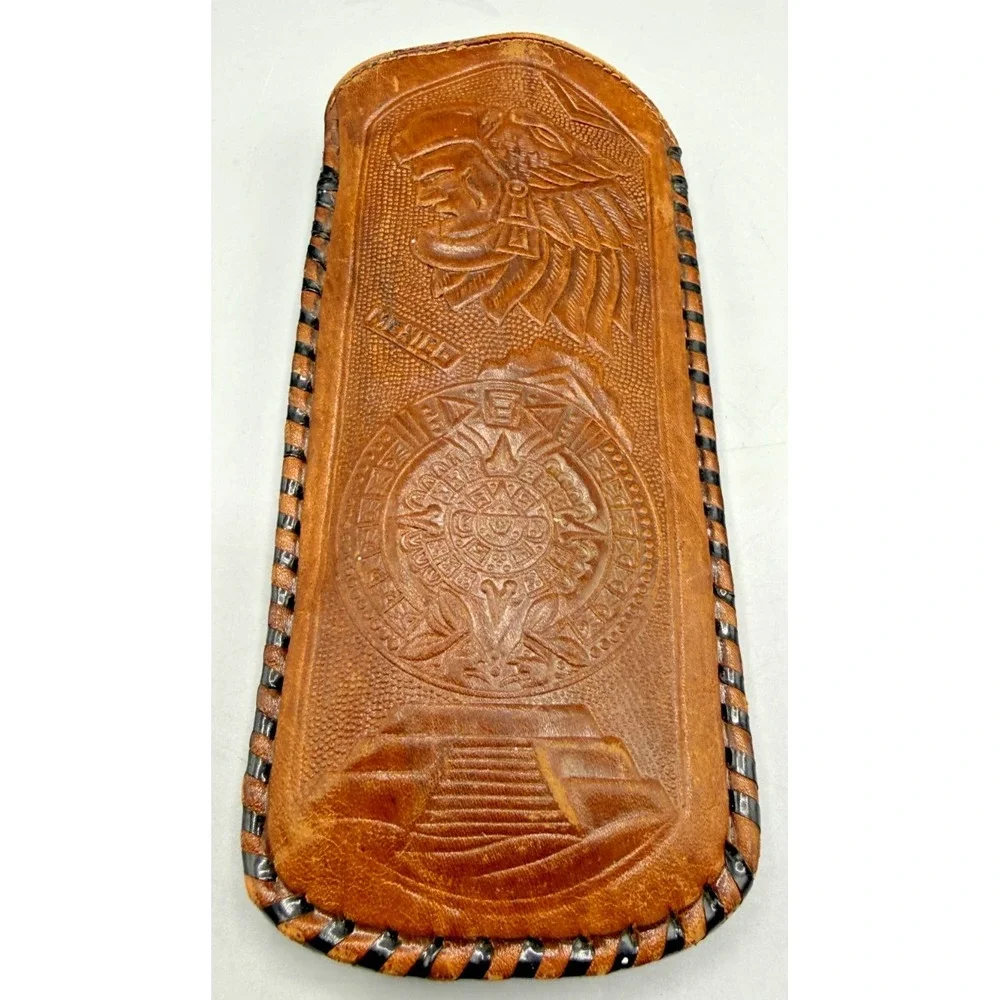 Genuine Hand Tooled Mexican Leather Aztec Pyramid, Sunstone Lined Eye Glass Case